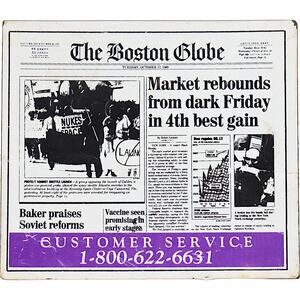 Boston Globe Newspaper October 17, 1989 Commemorative Stock Market Crash Magnet